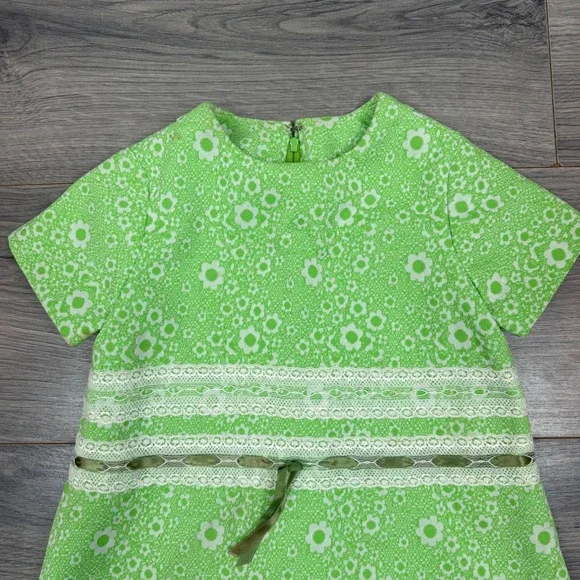 Vintage Handmade Girls 3T Green Floral Lace Shift Dress Short Sleeve Retro 70s - Picture 2 of 14
